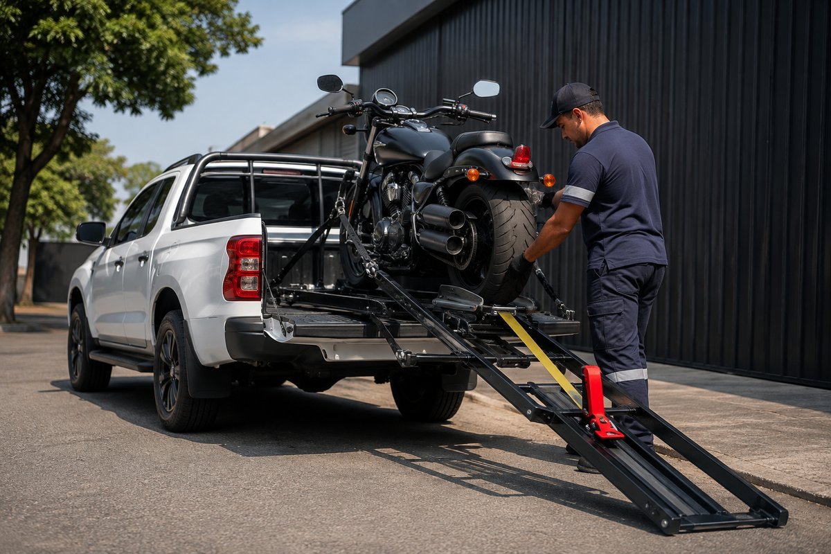 Técnico da GVA carregando uma moto na rampa de transporte, presa com amarração segura