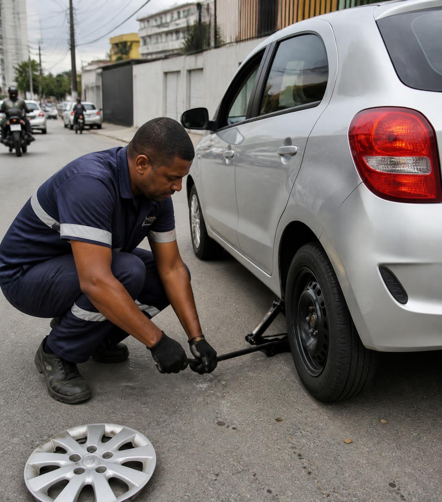 Profissional de assistência automotiva trocando o pneu de um carro popular prata em uma rua de Goiânia durante o dia.